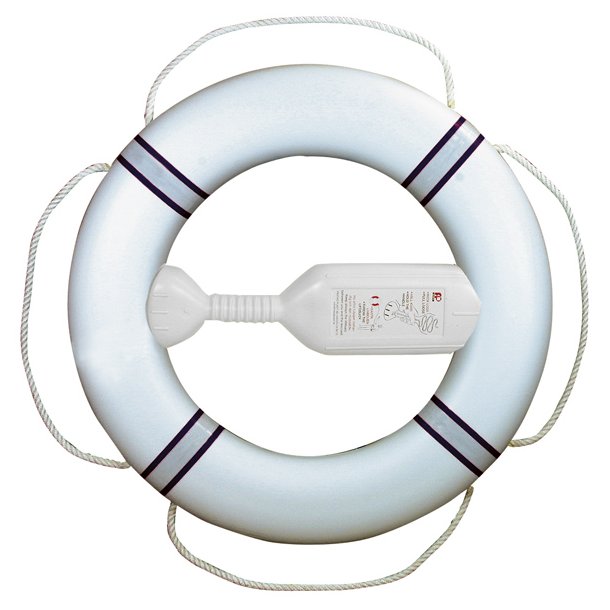 Redningskrans FP380 hvid m/navy refleksbnd, u/kasteline