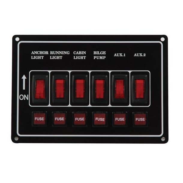 El-panel med 6 kontakter til 12V, vandret